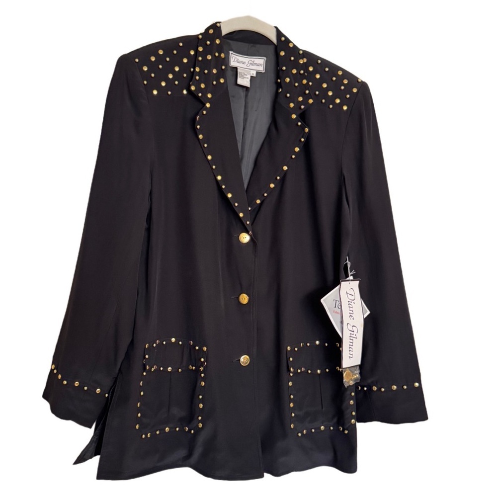 Diane Gilman Vintage Golden Studded Beaded Black Silk Blazer Sz M NEW Deadstock